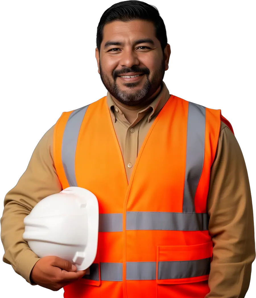 Smiling bearded man in an orange safety vest holding a white hard hat