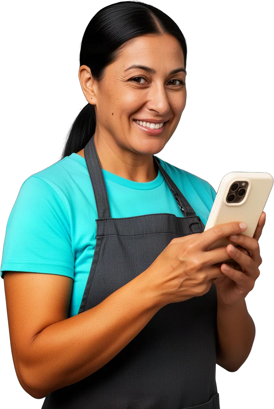 Smiling woman with a ponytail in a turquoise t-shirt and gray apron holding a cream smartphone