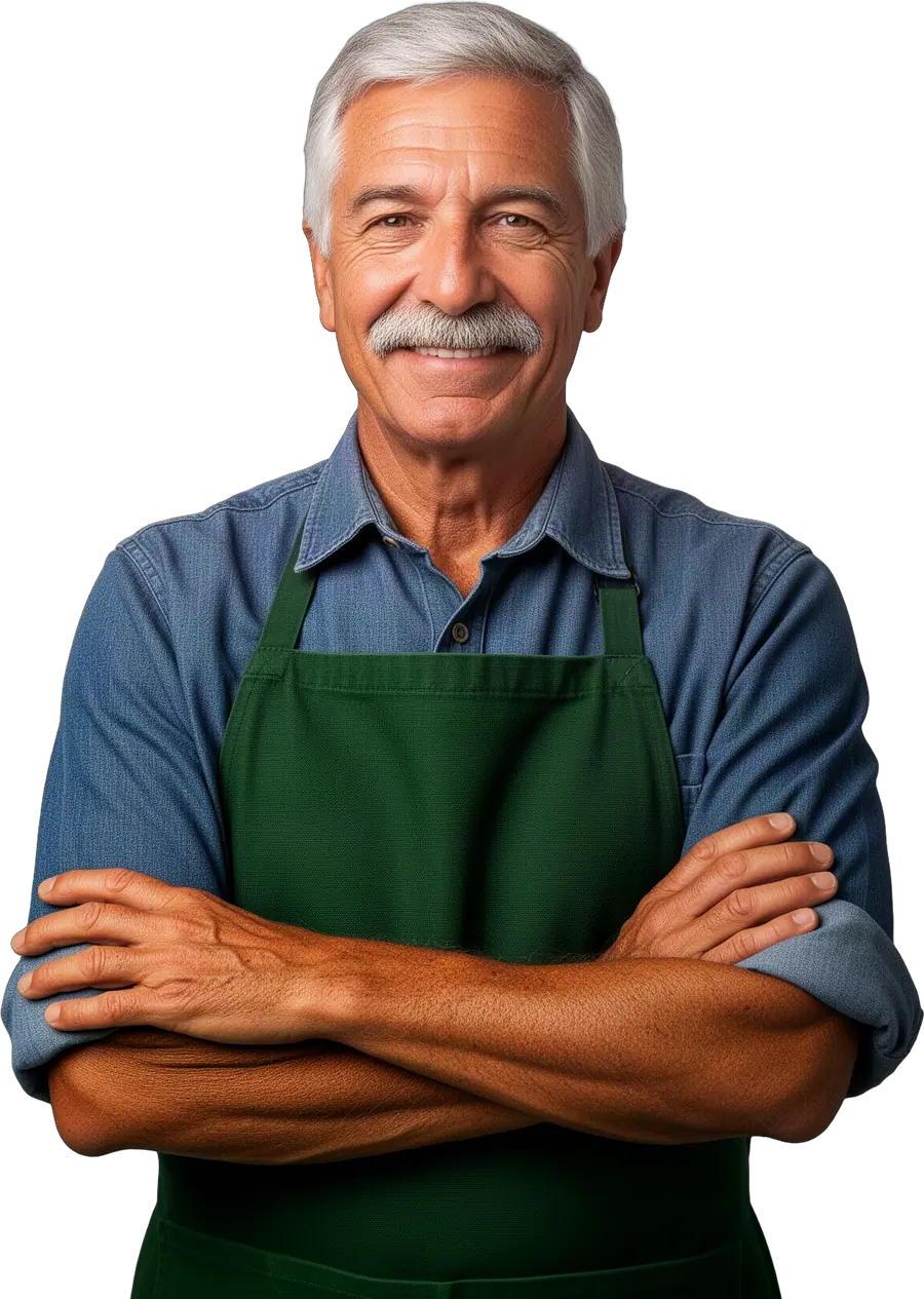 Smiling gray-haired man in a denim shirt and green apron, arms crossed