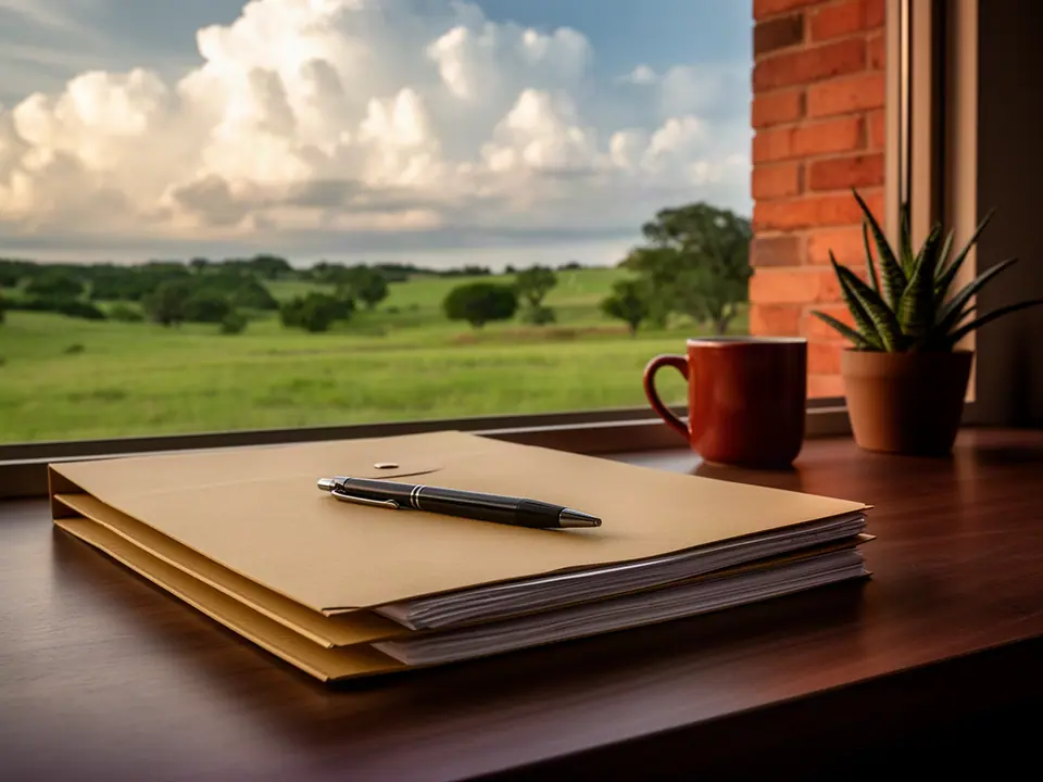Manila folders, a pen and a red mug by a window onto green prairie and clouds